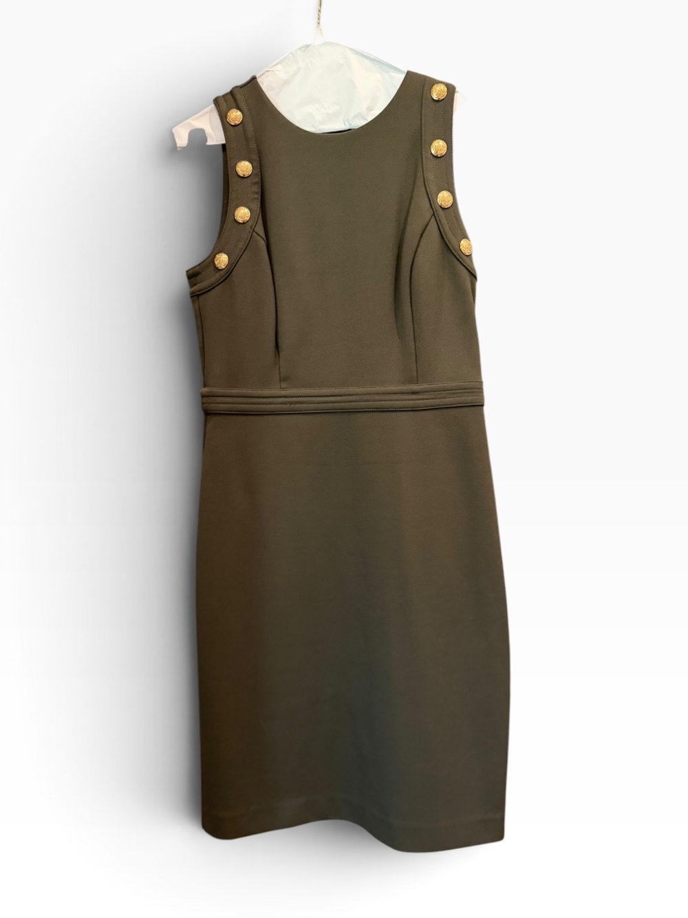 White House Black Market Olive Ponte Shift Dress with Gold Buttons